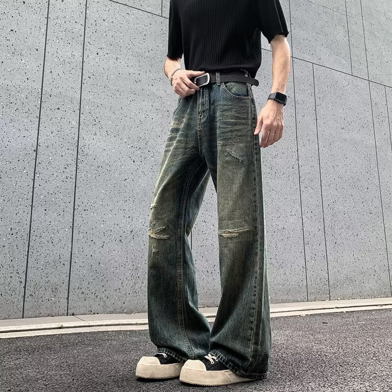 Ripped Denim Distressed Washed Loose Straight Leg Pants