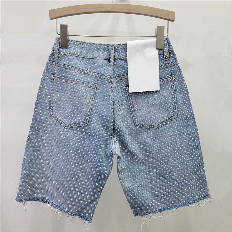 Style Fully Rhinestone Frayed Denim Shorts for Women - High Waist Straight Leg Pants