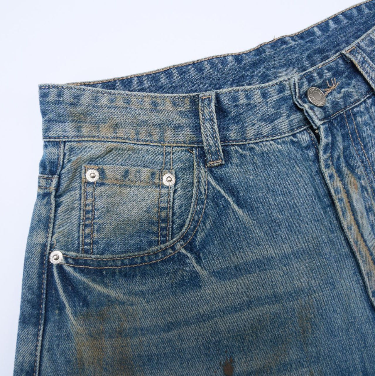 Washed Distressed Tapered Denim Long Pants