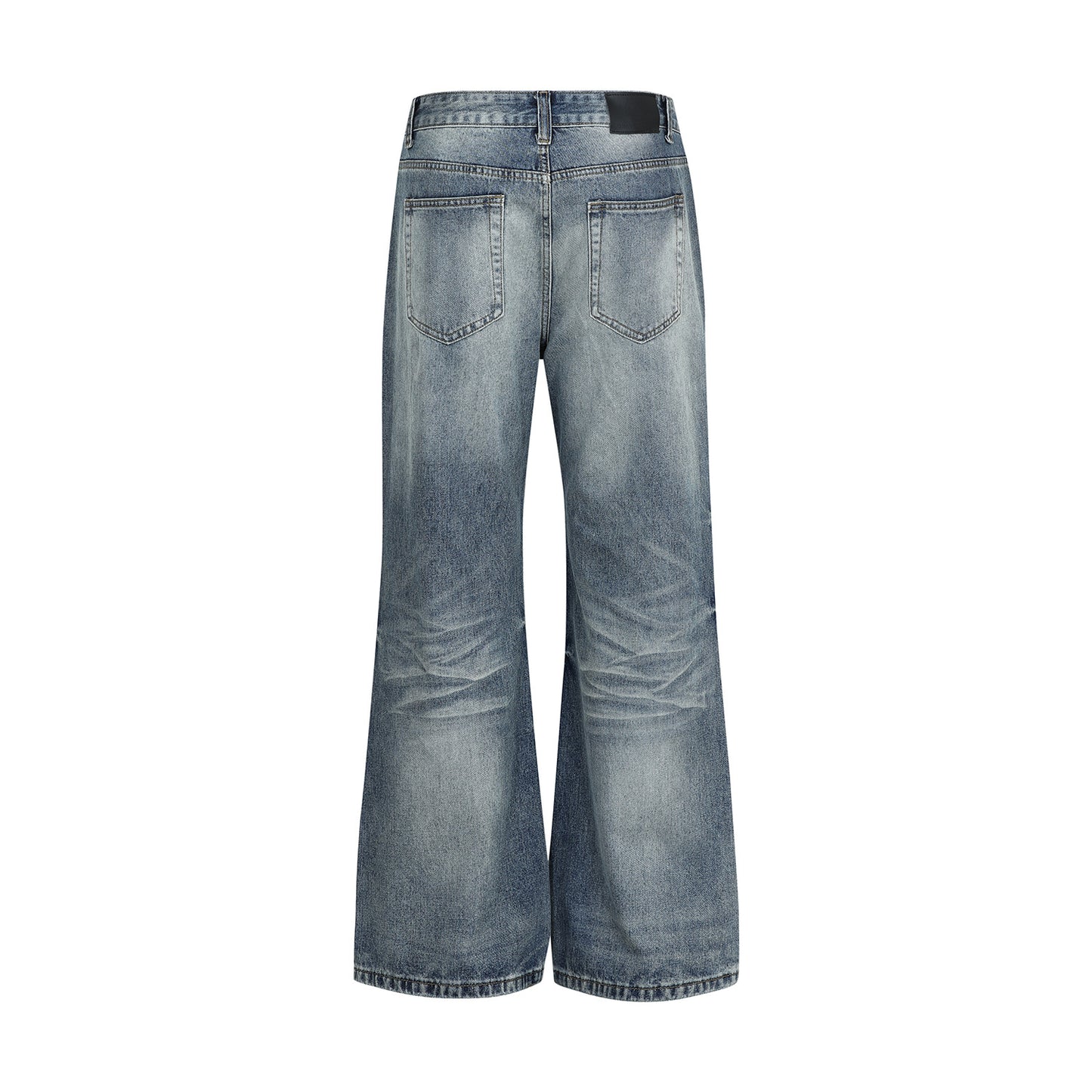 Vintage  Unisex Relaxed Fit Cat-Whisker Pattern Washed Blue Flared Denim Jeans for Men