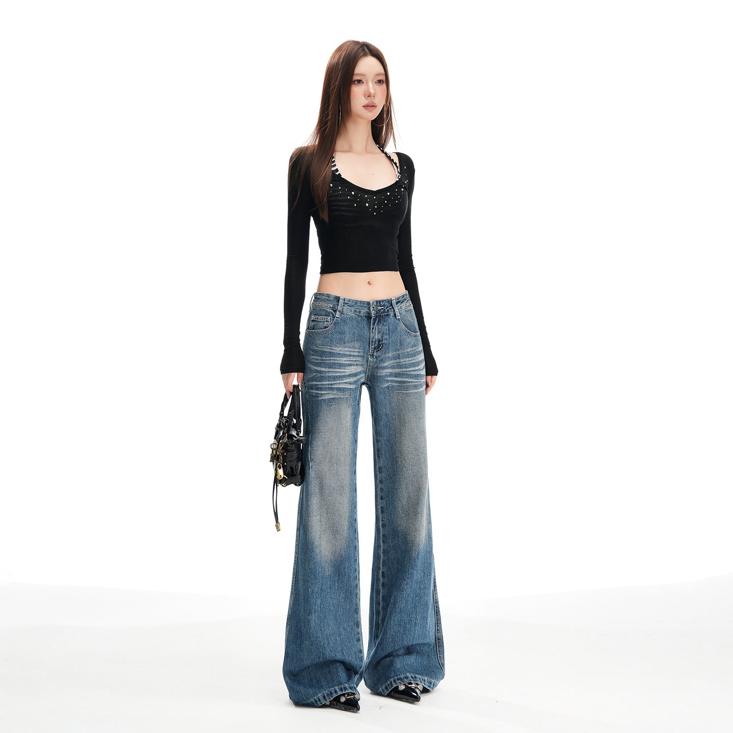 Women's Low Waist Washed Drape Straight Trumpet Pants