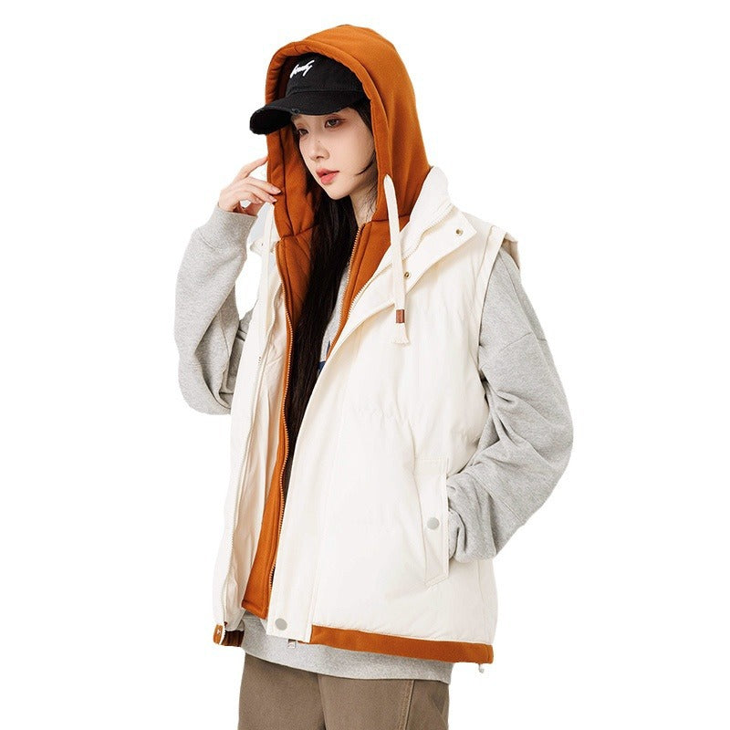 Down Cotton Vest Faux Two-Piece Loose Couple Hooded Jacket