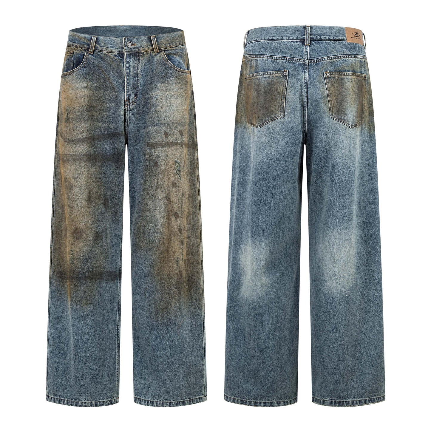 Retro Washed Tie-Dye Distressed Denim Pants - Unisex Loose Wide-Leg Trousers