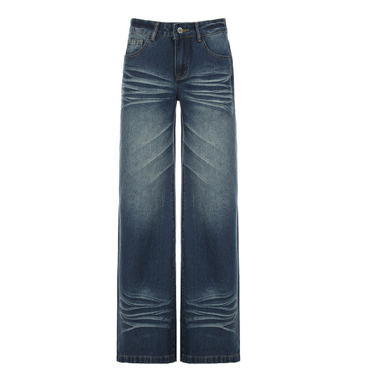 Vintage Pleated Washed Denim Jeans - Loose Fit & Low Waisted Design
