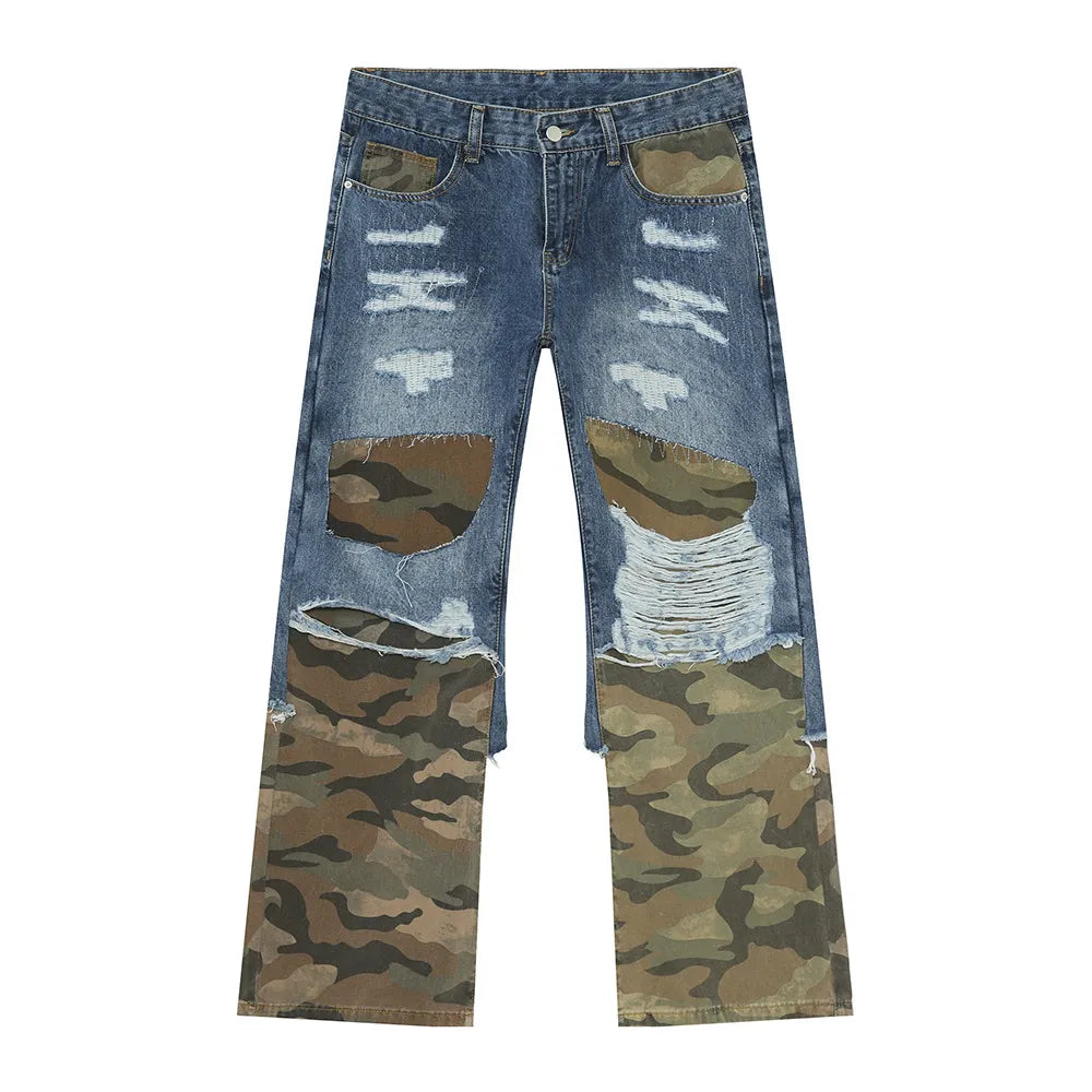Distressed Camouflage Patchwork Jeans - Premium Japanese Denim