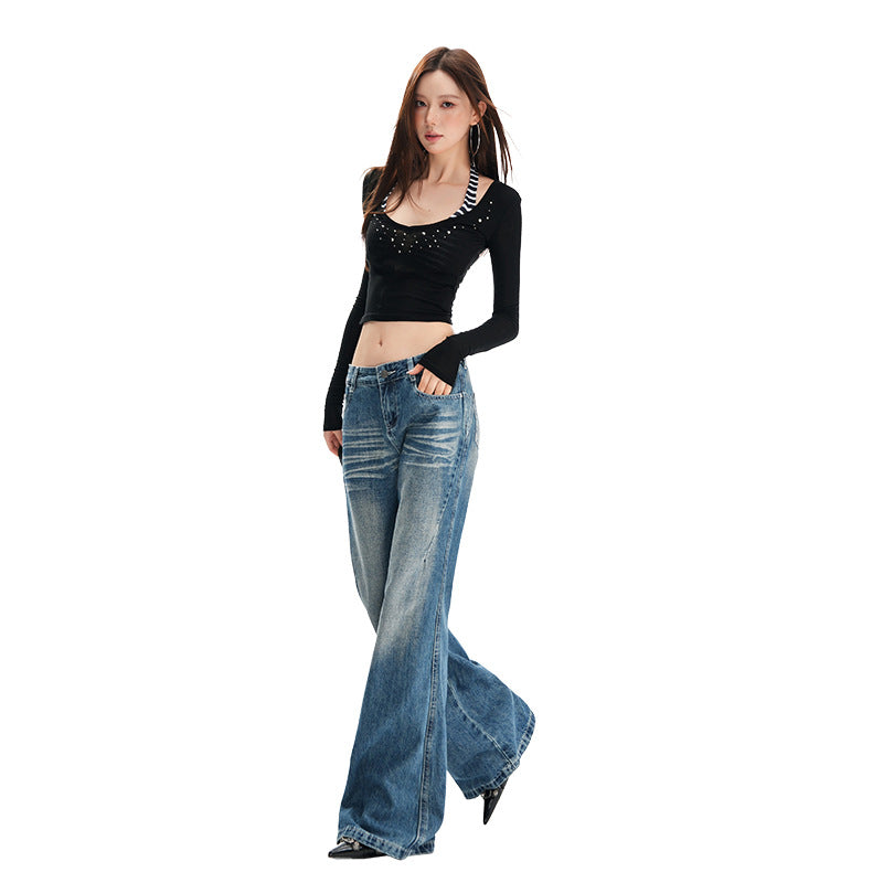 Women's Low Waist Washed Drape Straight Trumpet Pants