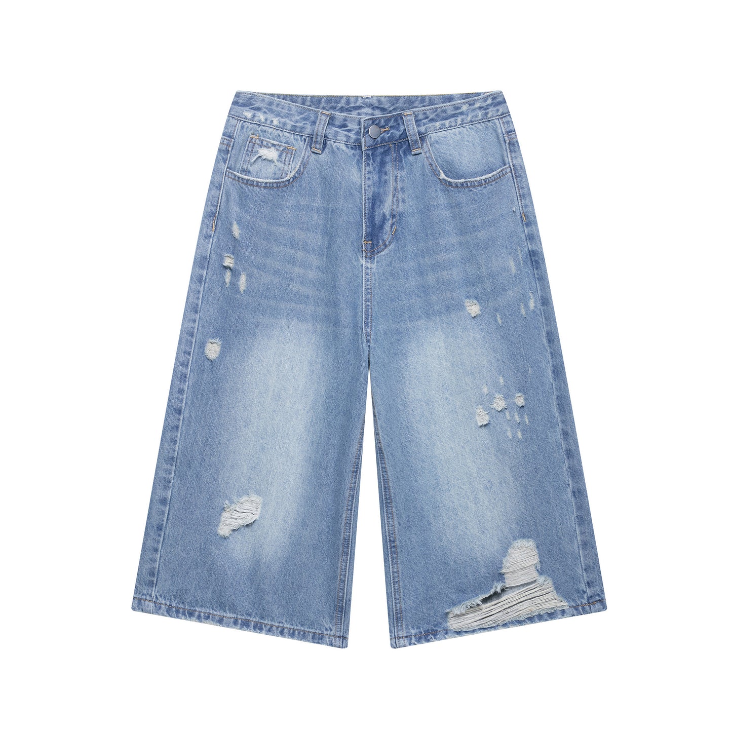 Casual Royal Blue Broken Hole Denim Shorts for Women