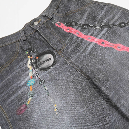 Chain Printed Denim Shorts - Premium Japanese Streetwear