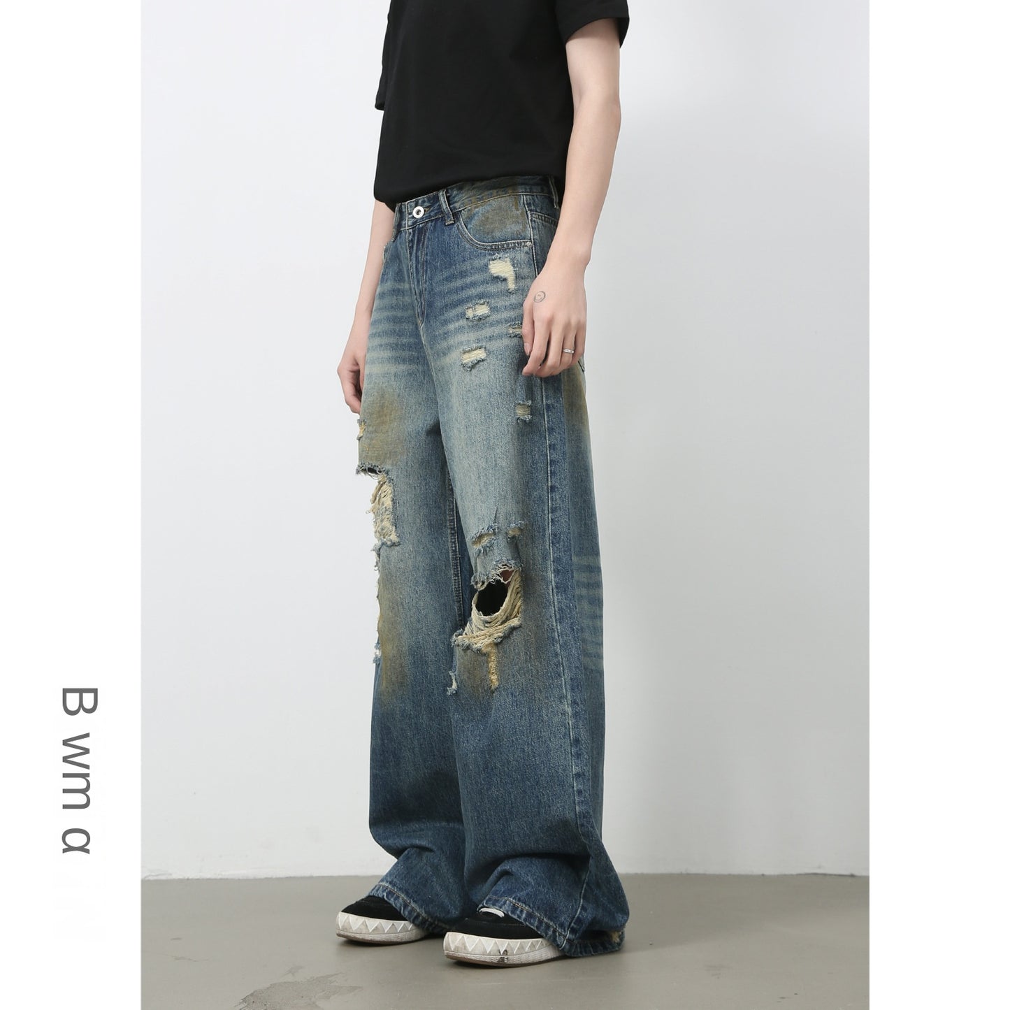 American Retro Distressed Design Floor-Length Denim Trousers for Men - Washed Loose Straight Leg Wide-Leg Pants