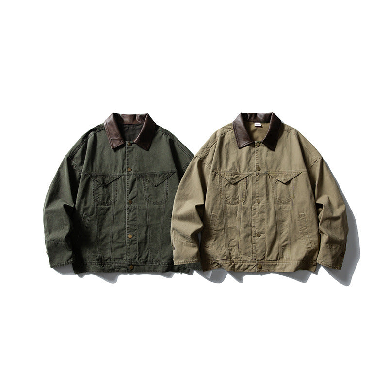 Color Block Turn-Down Collar Work Jacket for Men - Loose Fit Outerwear