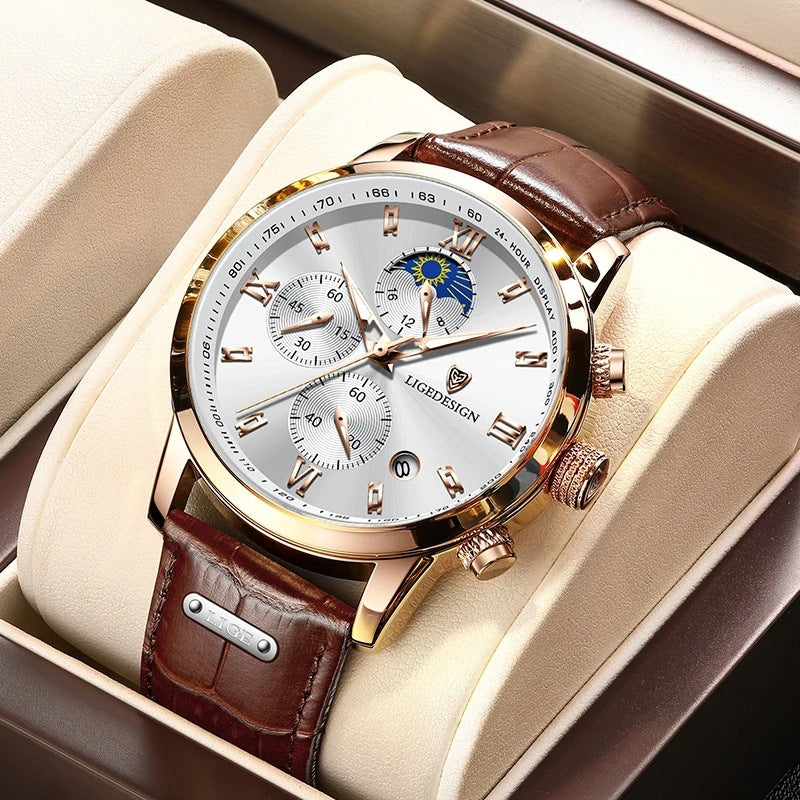 Men's Quartz Watch Multifunction Chronograph Moon Phase Quartz Movement Waterproof Watch