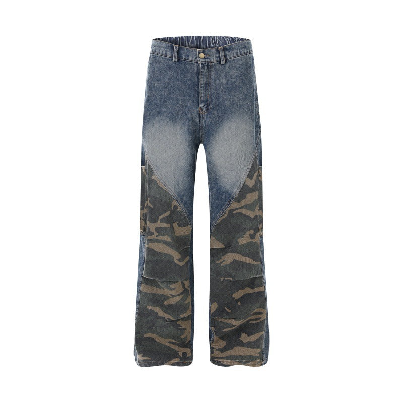 Washed Vintage Camouflage Spliced Straight Leg Wide Leg Denim Pants