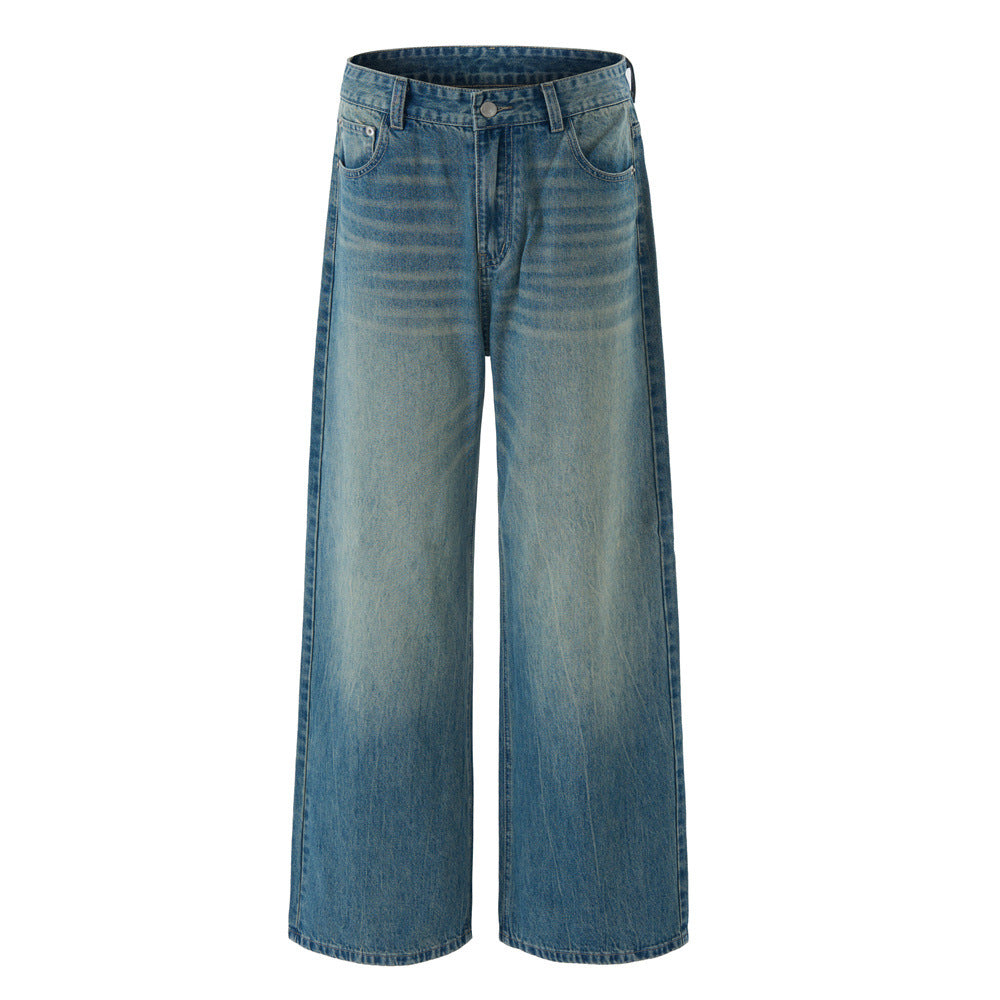 Vintage Men's Jeans, Washed Cat-Whisker Straight Leg, Casual Loose Fit, Men's Long Pants