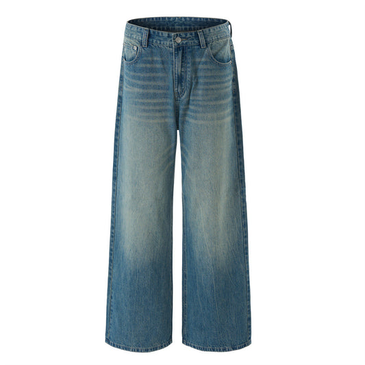 Vintage Men's Jeans, Washed Cat-Whisker Straight Leg, Casual Loose Fit, Men's Long Pants