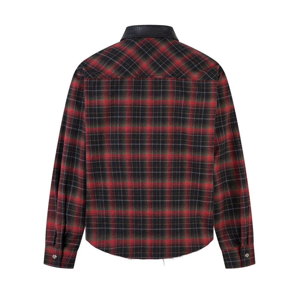 Leather Lapel Single Breasted Long Sleeved Work Shirt
