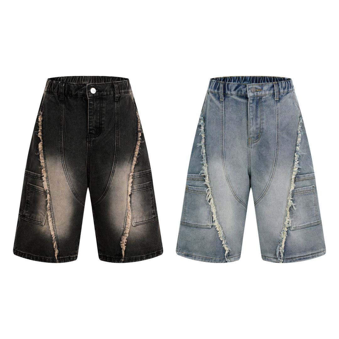 Washed Distressed Patchwork Whisker Pocket Denim Pants - Unisex Loose Fit