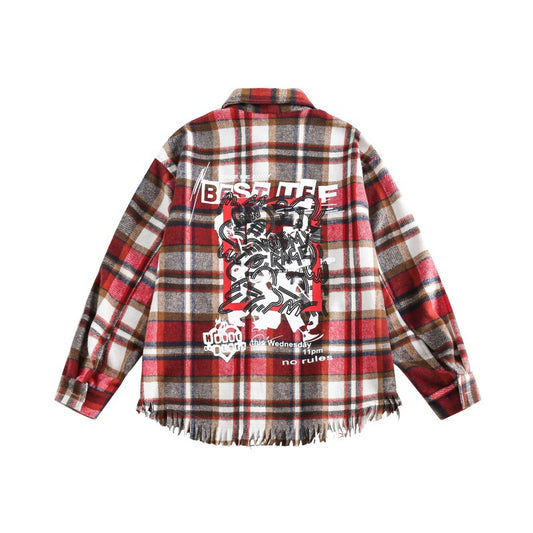 Tassel Plaid Graffiti Long Sleeved Loose Fitting Shirt