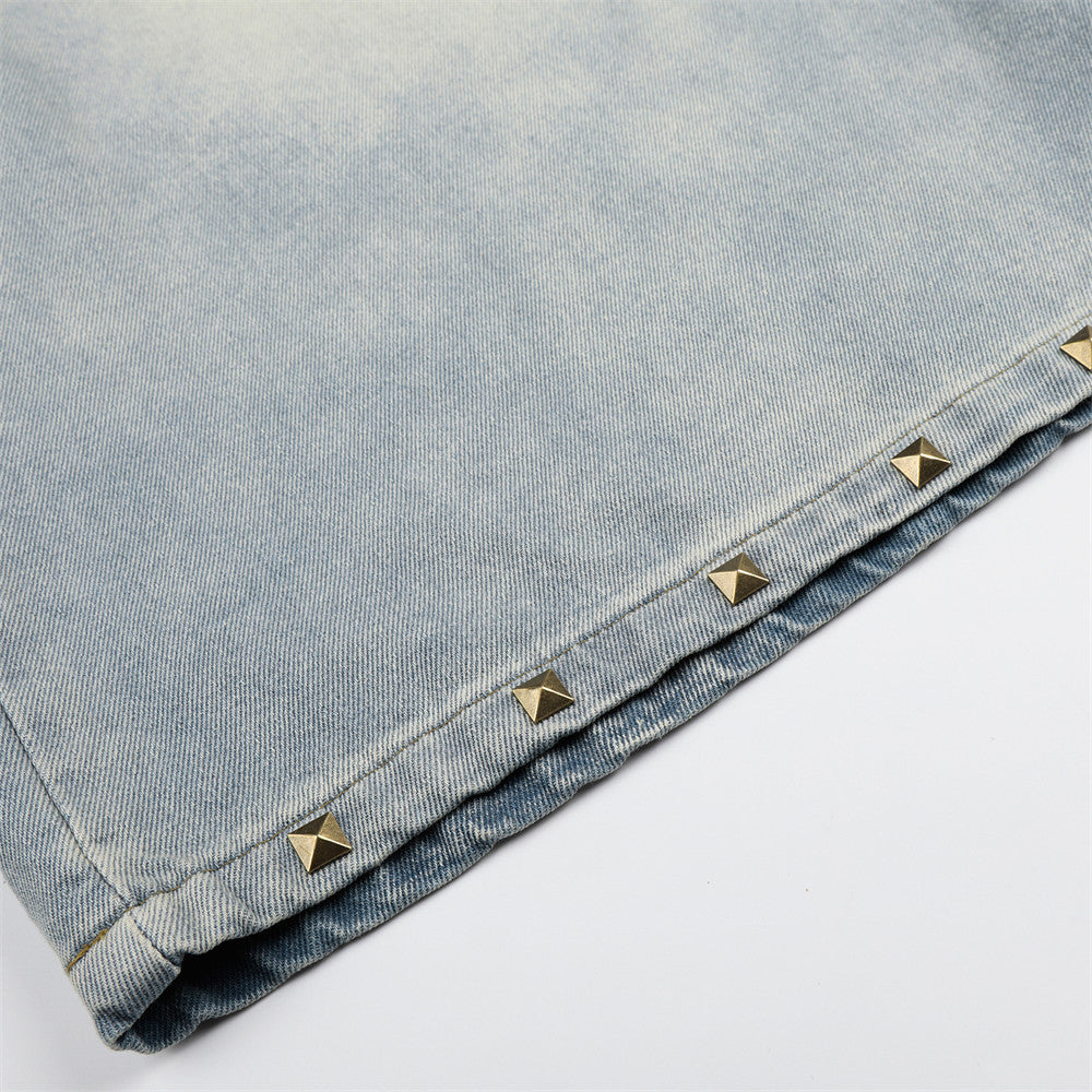 Men’s Punk Washed Denim Shorts — Distressed Cotton with Metal Accents