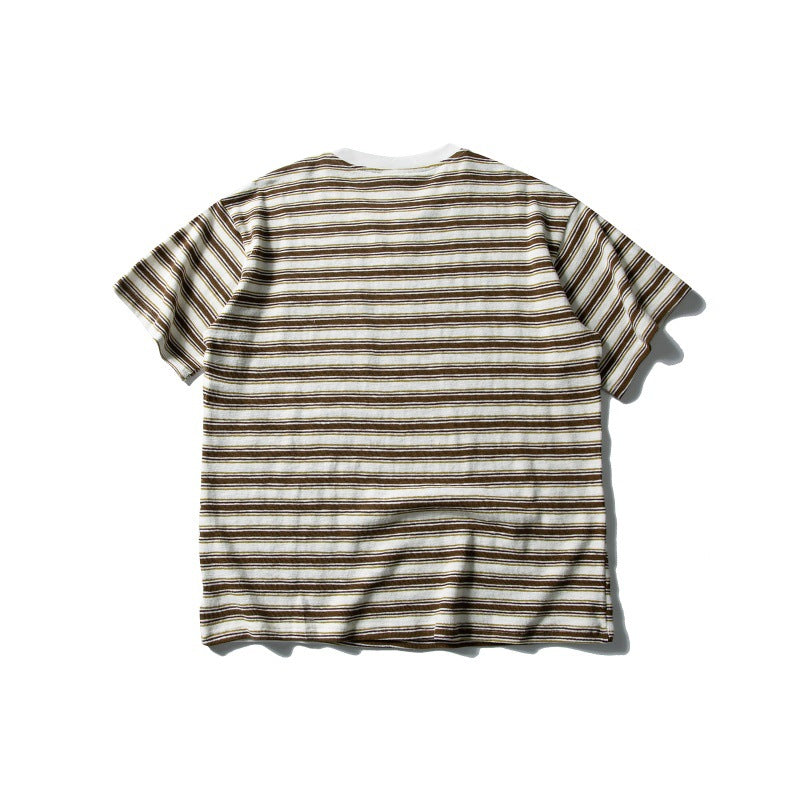 Contrasting Color Loose Fitting Striped Short Sleeved T-Shirt