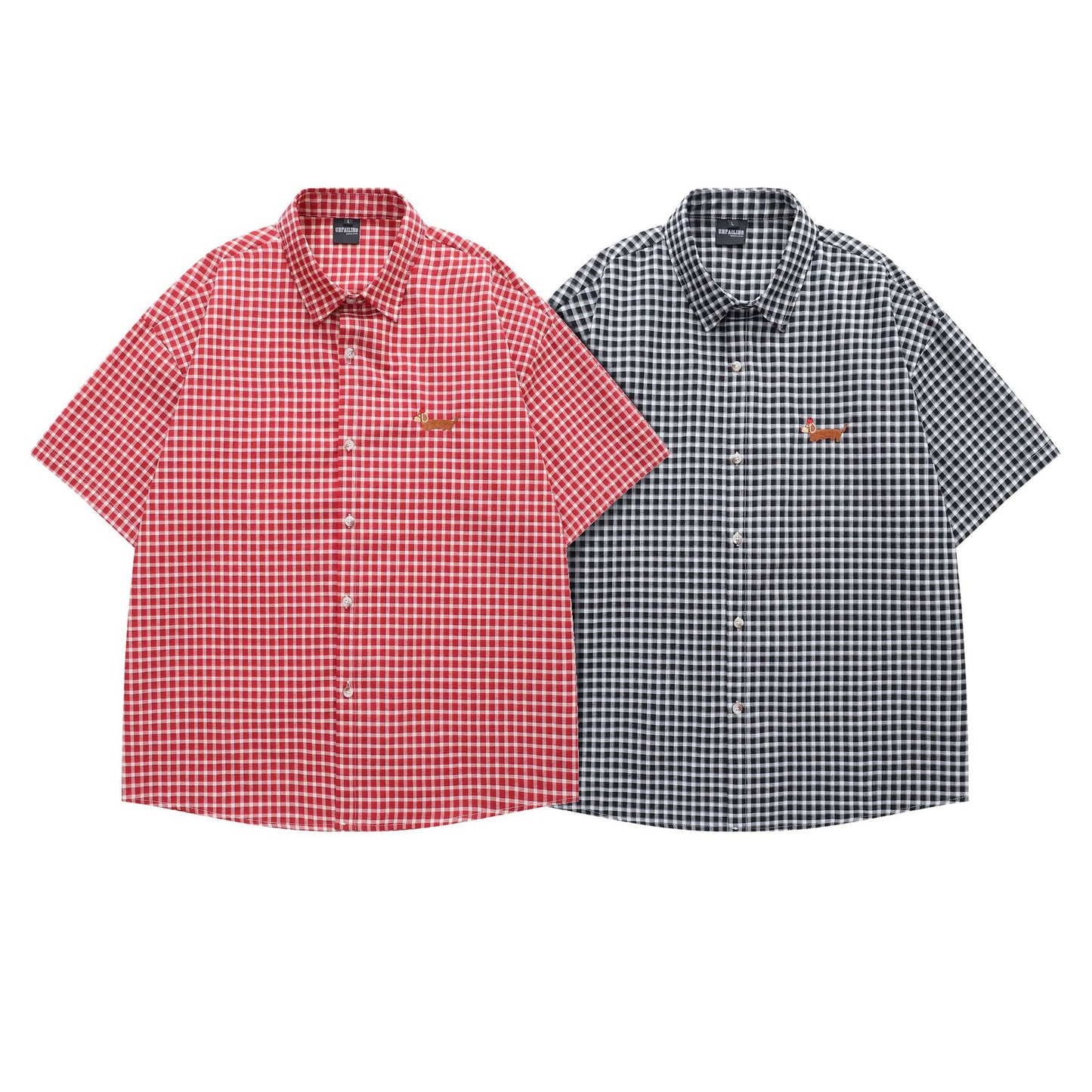 Retro Sausage Dog Embroidered Plaid Short Sleeve Shirt for Men and Women