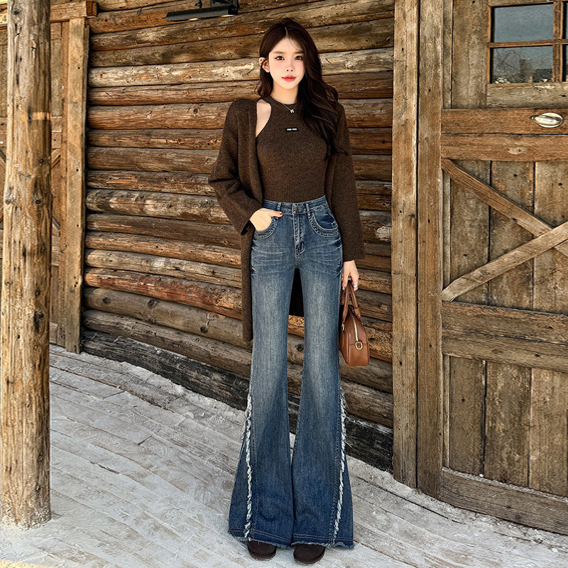 Women's High Waist Flared Denim Pants - Retro Elastic Skinny Trousers