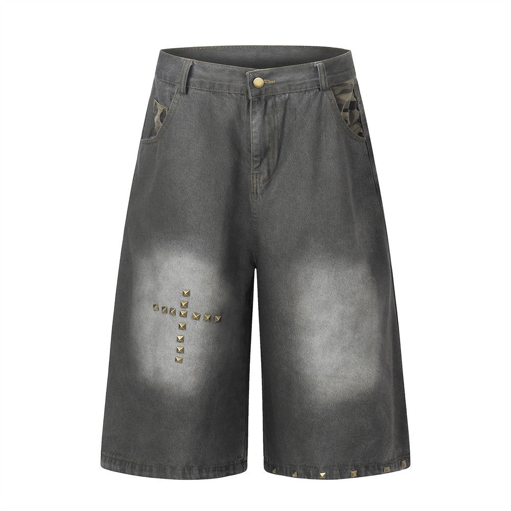 Men’s Punk Washed Denim Shorts — Distressed Cotton with Metal Accents