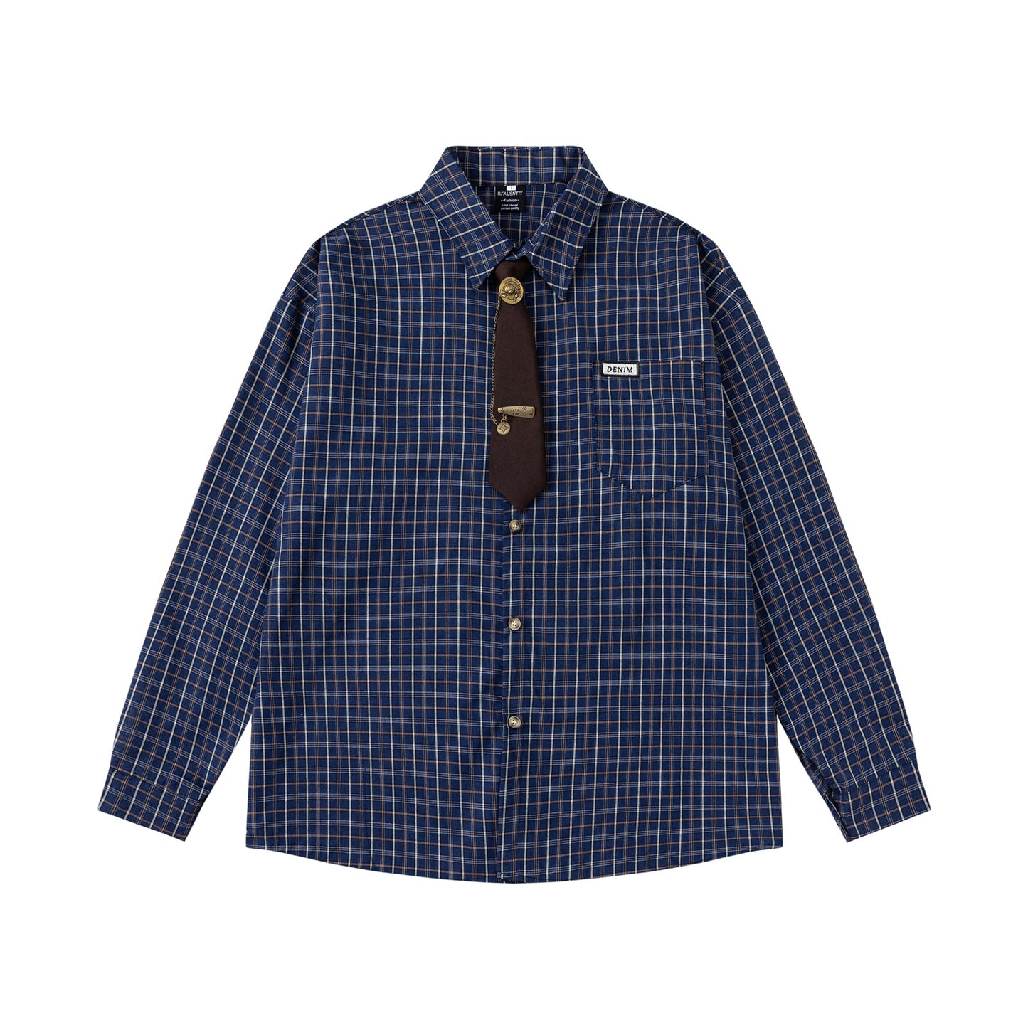 College Style Plaid Tie Long Sleeve Shirt