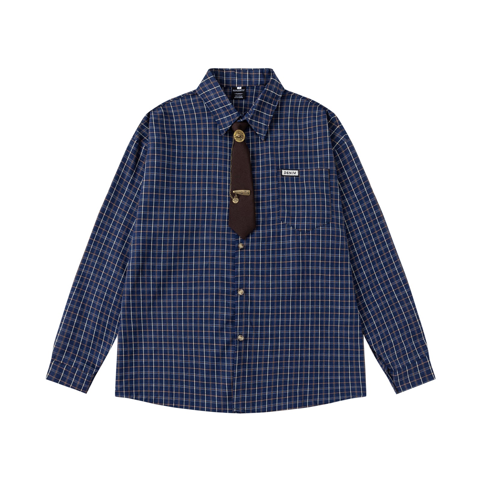 College Style Plaid Tie Long Sleeve Shirt