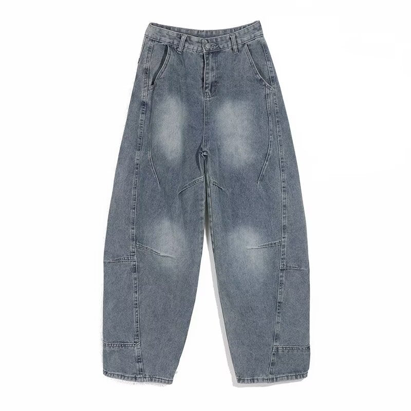 Casual Patchwork Washed Leather Loose Straight Leg Pants