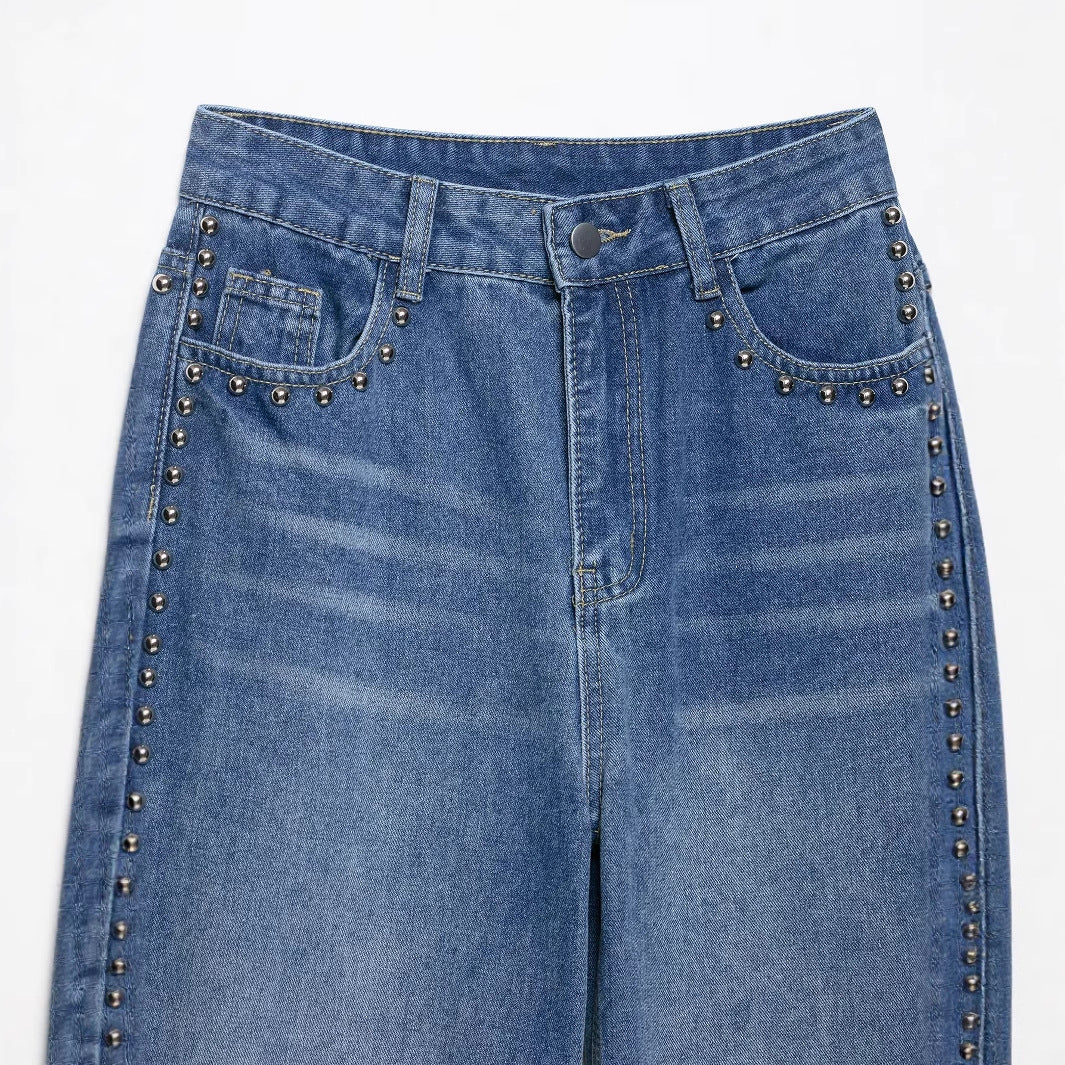 Casual Vintage Mid High Waisted Denim Wide Leg Pants for Women