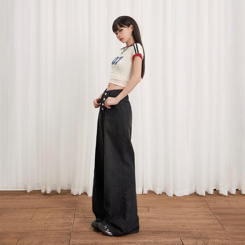 Women's Buttoned Loose Wide-Leg Jeans - Summer Casual Flare Pants