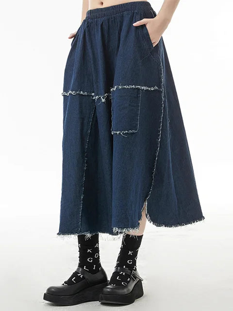 High Elastic Waist Blue Denim Vintage Skirt for Women