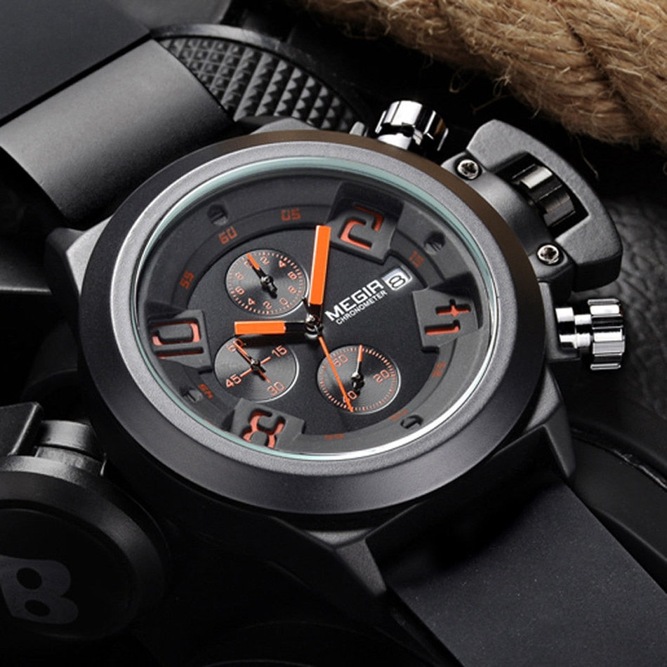 Men's Casual Quartz Watch 3D Engraved Dial Black Silicone Waterproof Military Sport Watch