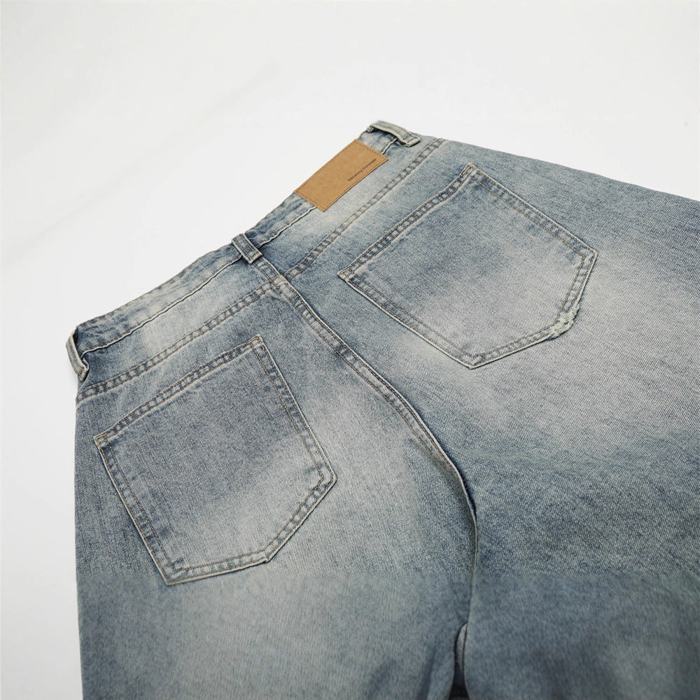 Men's Jeans, Faded Whiskered Straight Leg, Loose Fit Wide Leg Casual Pants