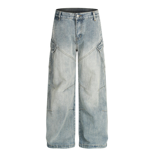 Street Style Men's Jeans, Patchwork Bleached Wide Leg Casual Loose Fit Trendy Pants