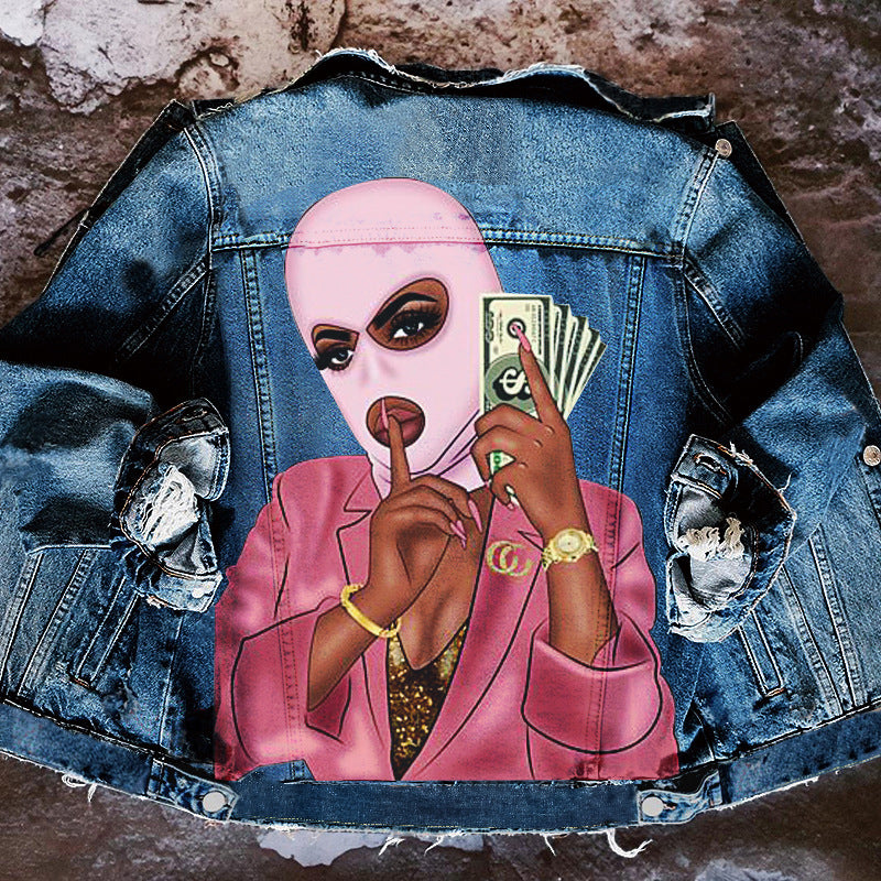 Women's  Denim Jacket with Get Money Woman Print