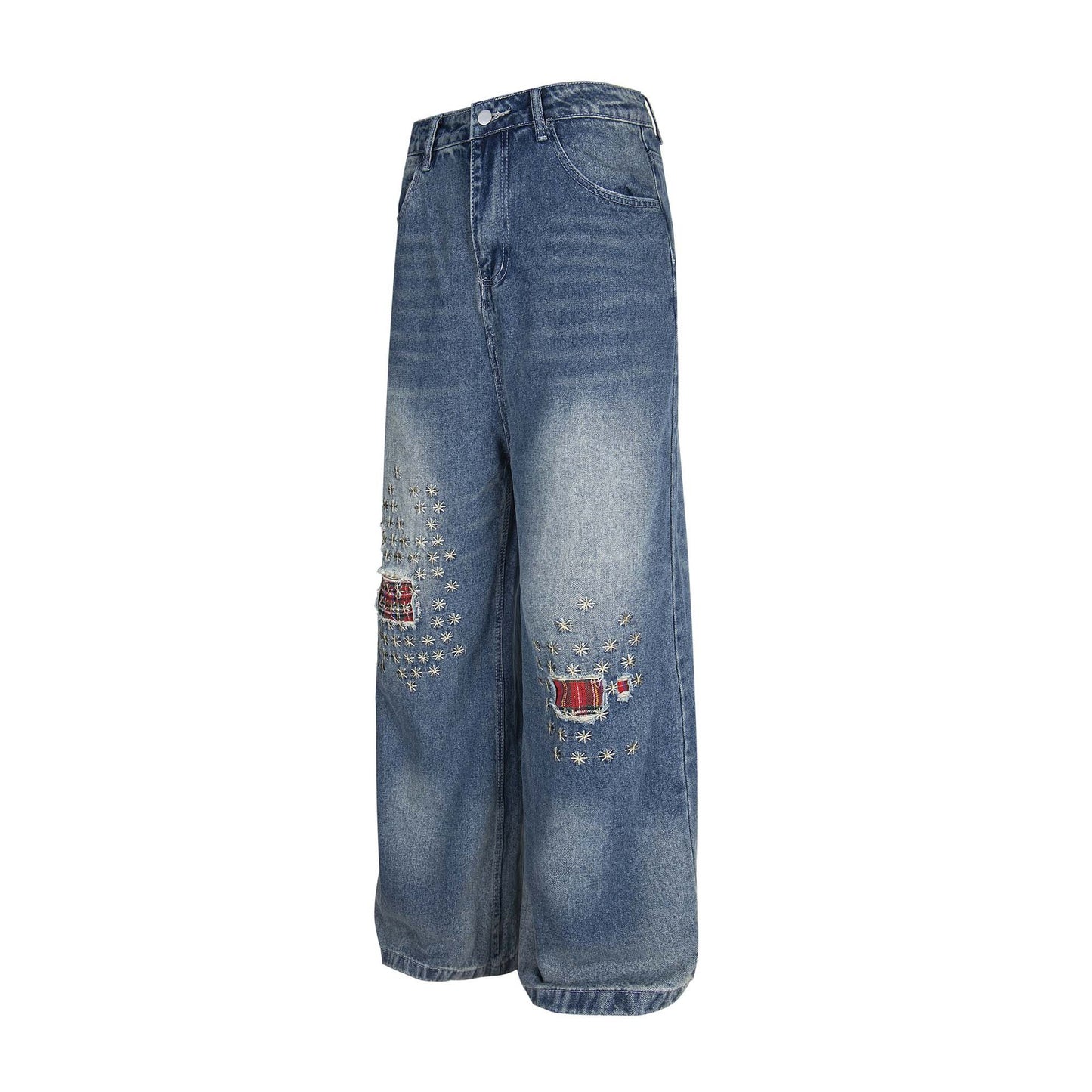 Washed Patch Embroidered Denim Pants for Men and Women - Loose Wide Leg Straight Trousers