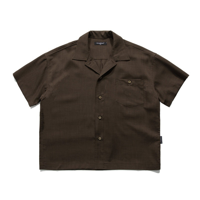 Solid Color Patch Pocket Cuban Collar Loose Workwear Short Sleeved Shirt for Men