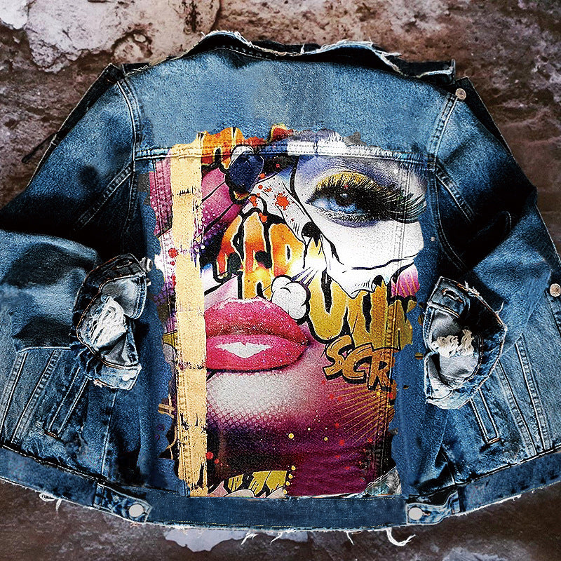 Women's Sexy Lady Pattern Lapel Denim Jacket