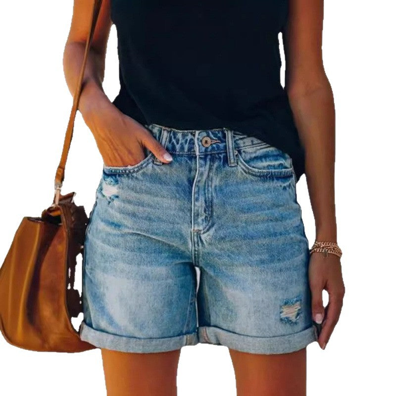 Fashion  Rolled Hem Distressed Straight Leg Women's Denim Shorts