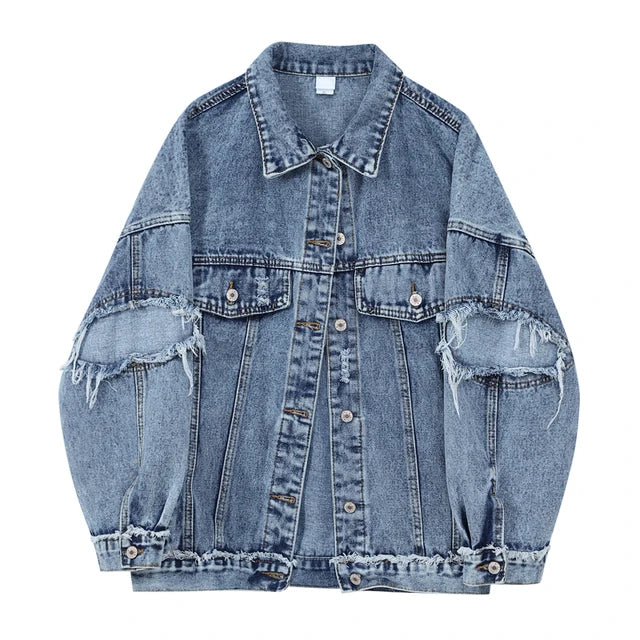 Women's Light Blue Denim Jacket with Frayed Details and Patchwork Design