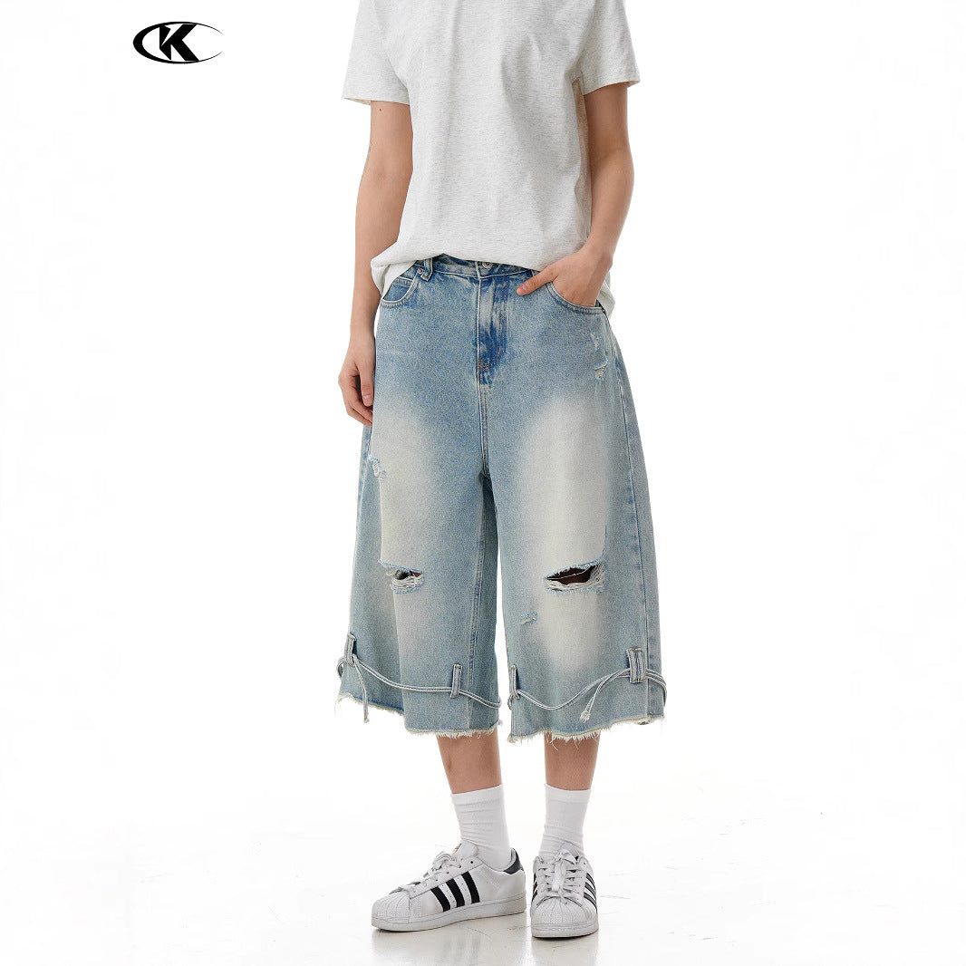 Washed Distressed Denim Shorts with Loose Wide Legs and Drawstring