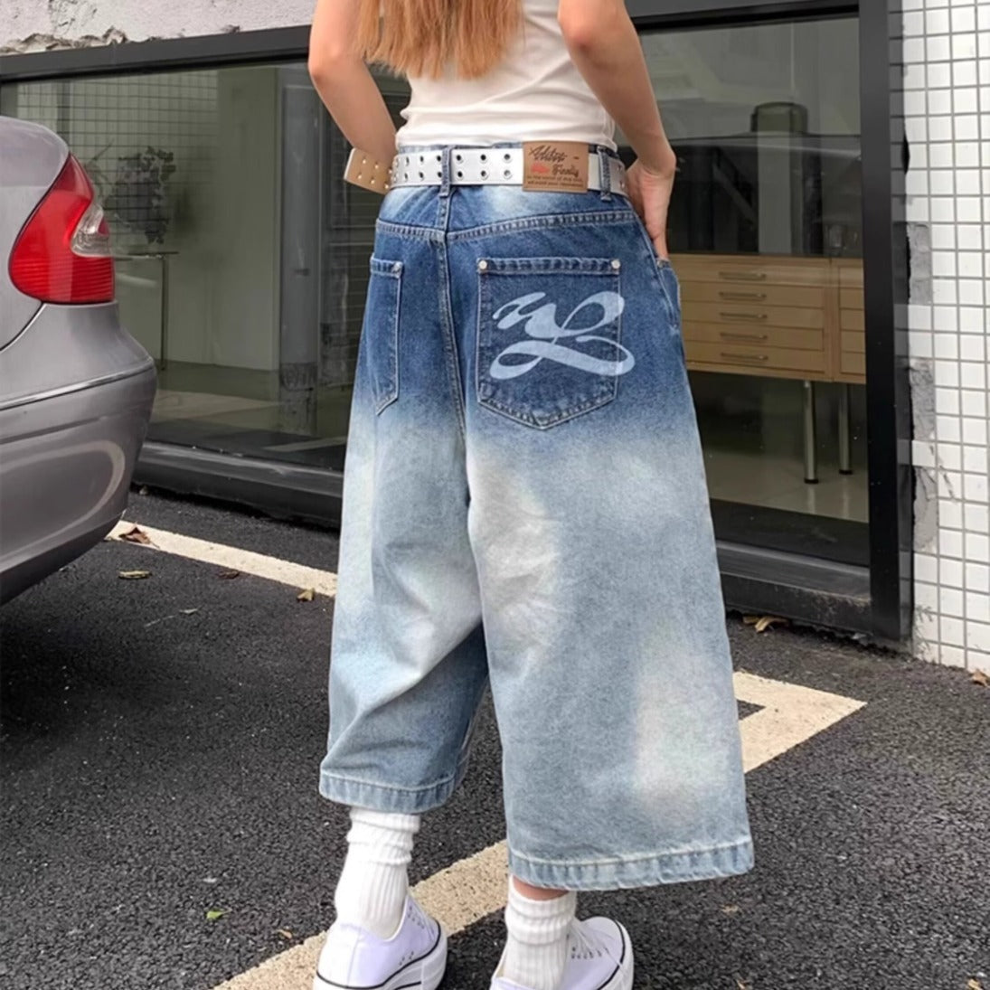 Retro Gradient Washed Distressed Denim Shorts - Unisex Summer Straight Loose Wide Leg