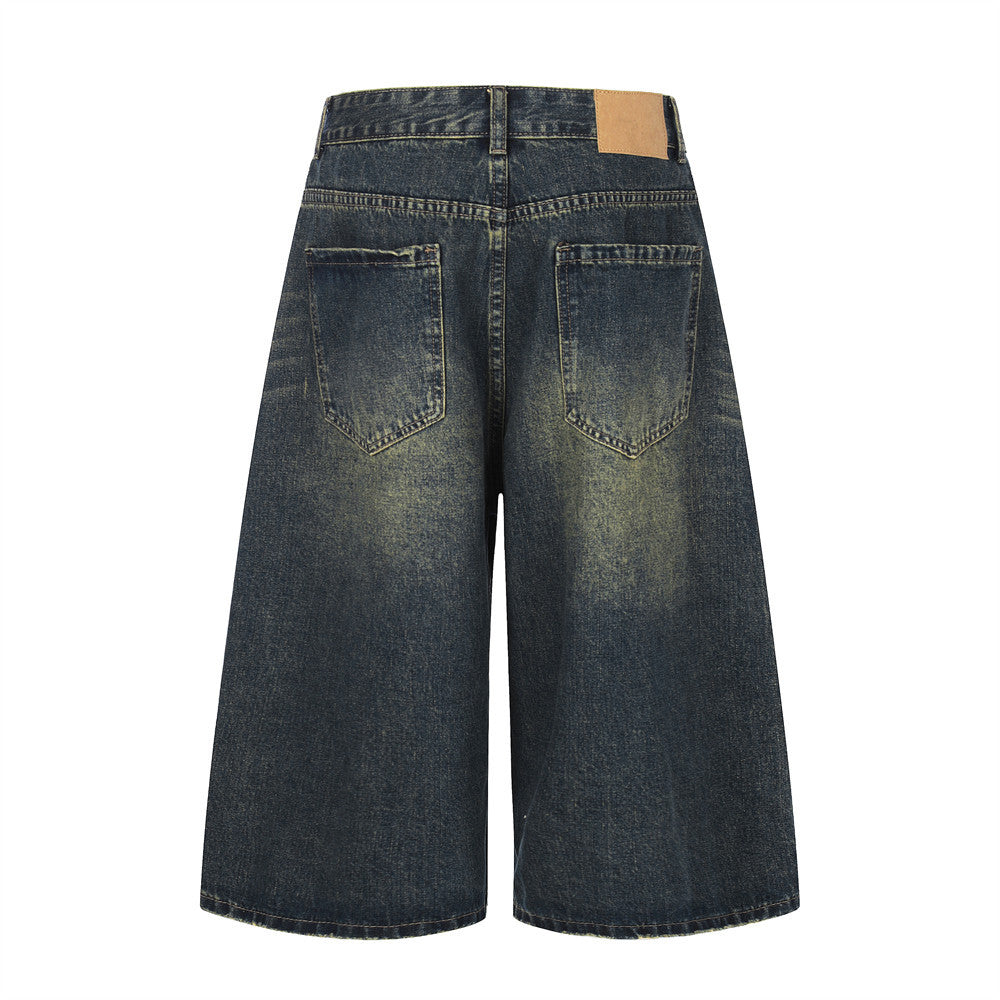 Vintage Blue Loose Denim Cropped Pants — Distressed Wash, Mid-Rise Loose Fit