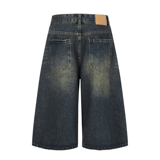 Vintage Blue Loose Denim Cropped Pants — Distressed Wash, Mid-Rise Loose Fit