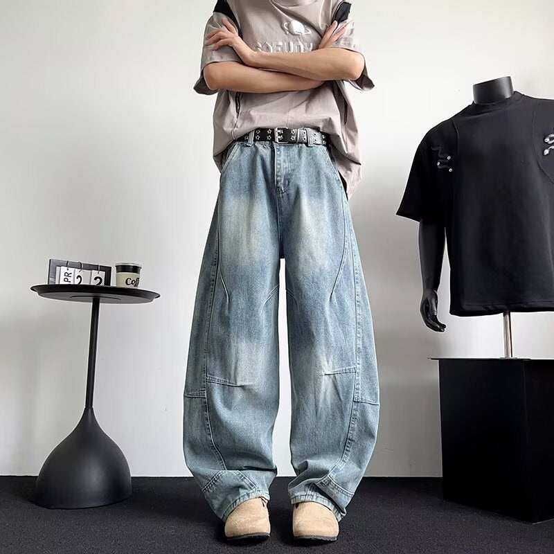 Casual Patchwork Washed Leather Loose Straight Leg Pants