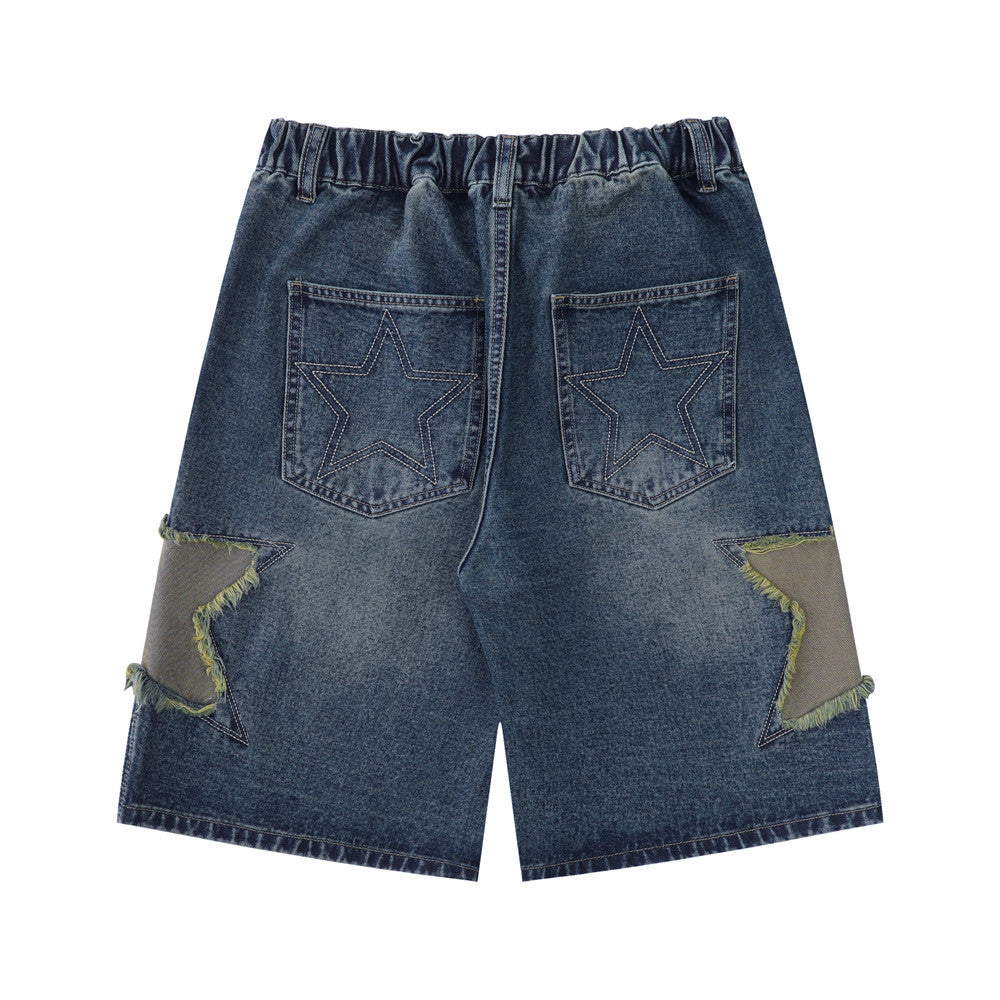 Men's Star-Embroidered Loose Fit Denim Shorts