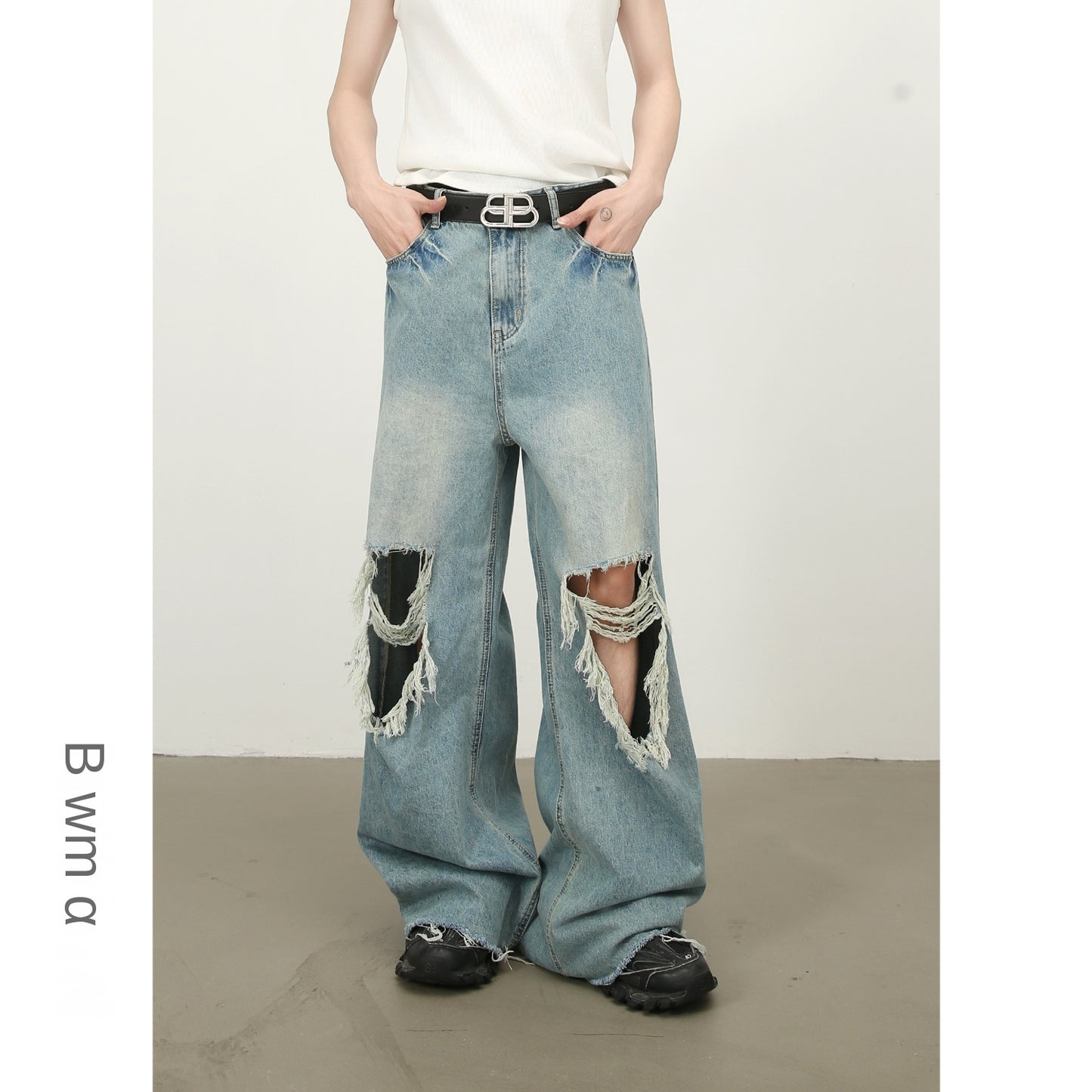 High Street Distressed Hole Fringe Wide Leg Loose Straight Floor-Length Versatile Jeans for Men