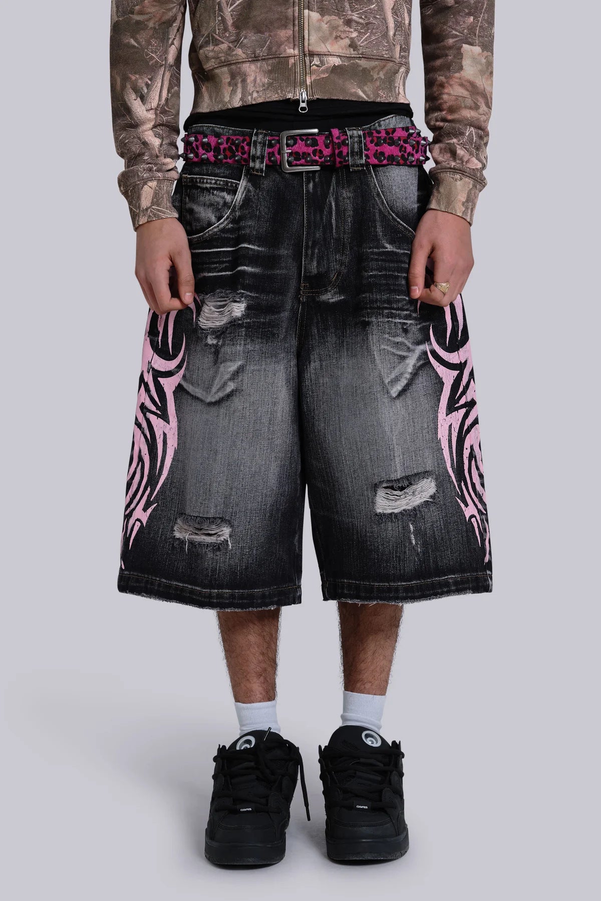 High Street Denim Shorts - Jaded Same Style Totem Print Ripped Wide Leg Pants