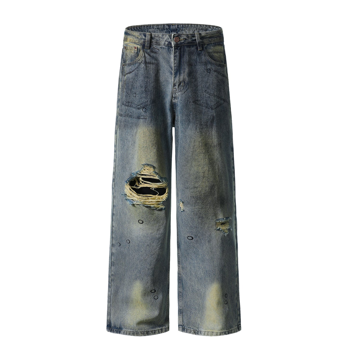 Burnout Distressed Straight-Leg Jeans